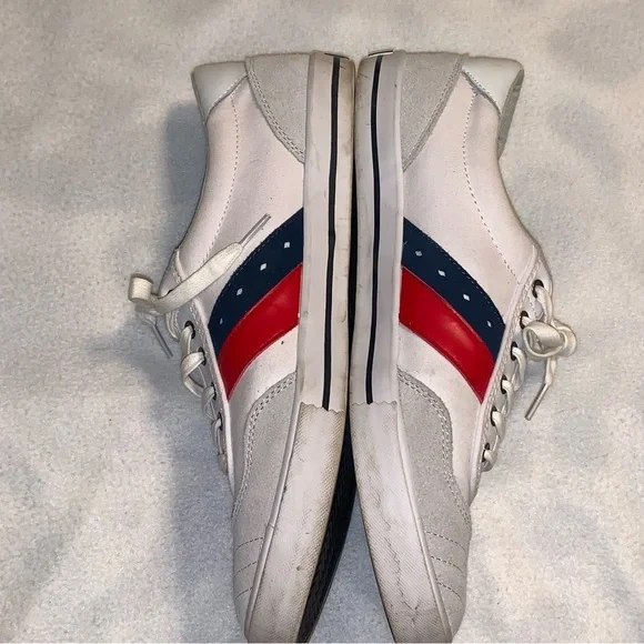 Original Penguin Mens Sz 12 Sneakers White Red/Blue Stripes Canvas Leather - Picture 3 of 9